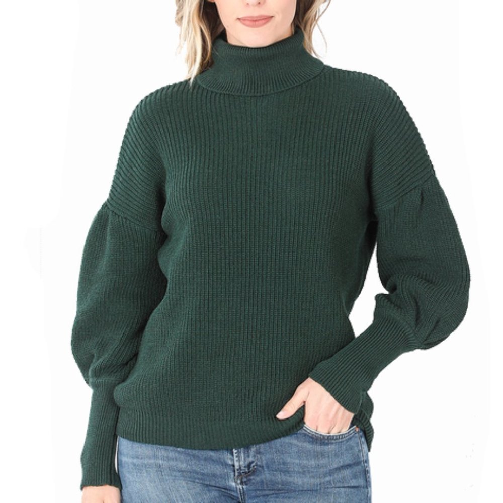 Hunter Green Puff Sleeve Turtleneck Sweater
